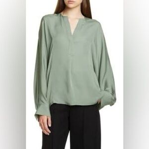 Vince | Silk Band‑Collar Half Placket Popover Blouse | Flint Sage | XS